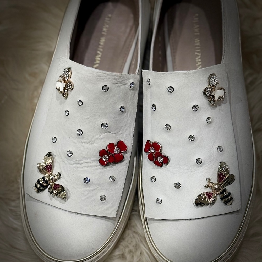 Stuart Weitzman White Embellished Flats